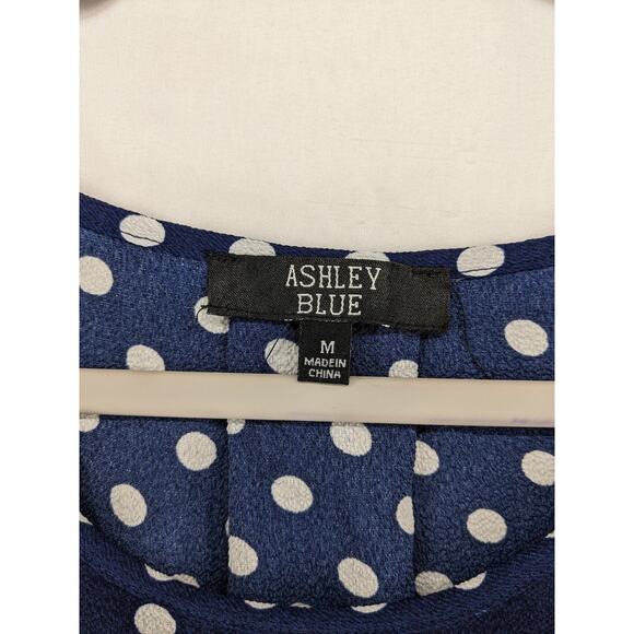 Ashley Blue Dot Print‎ Blouse M Navy White Office Hi Low Hem Short Sleeves Crew - Picture 3 of 8